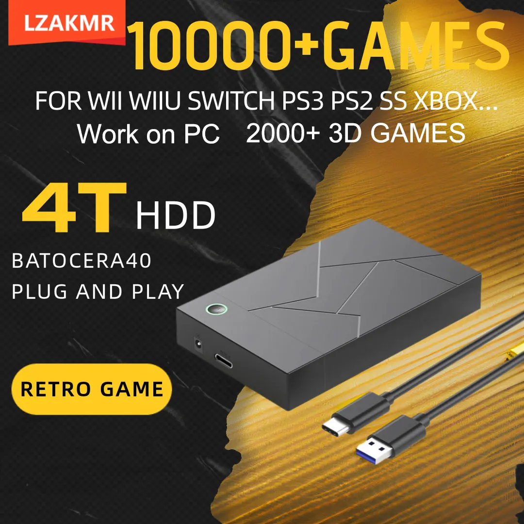 Juego de juegos RetroForge, sistema Batocera 40 de 4TB, unidad de juego portátil Plug and Play, más de 10000 juegos, disco duro 4T para PS3/PS2/WIIU/SWITCH/