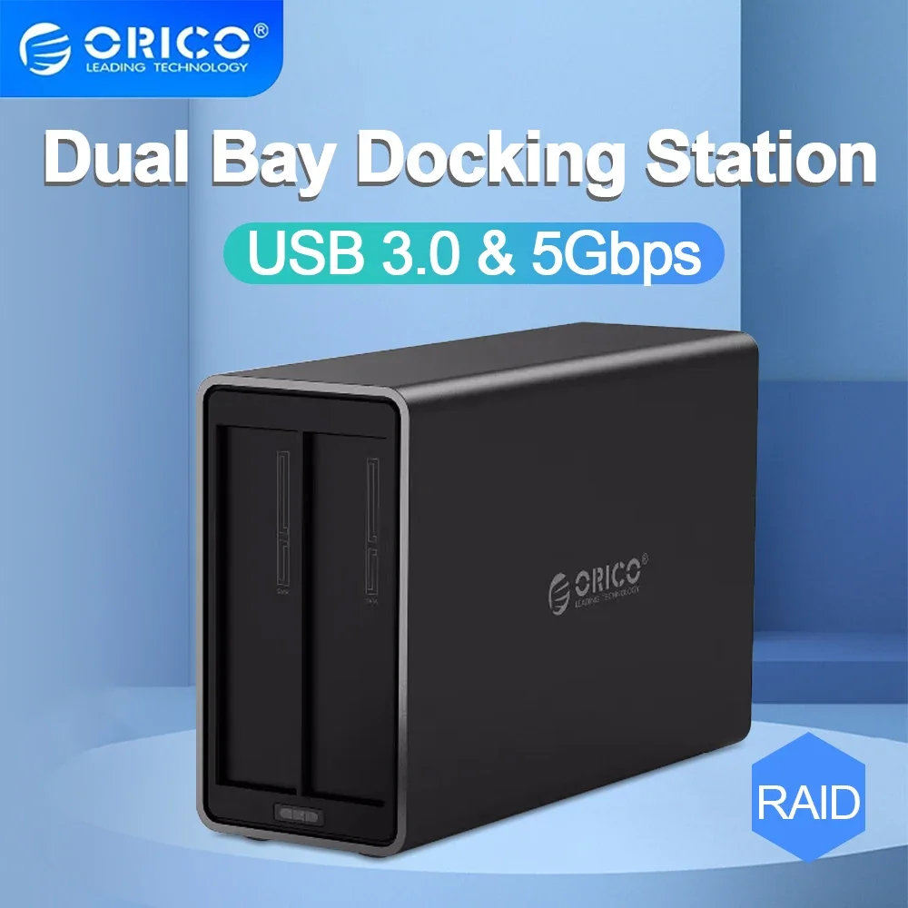 ORICO Caja HDD de 3,5 pulgadas SATA a USB 3.0 Caja HD externa Estación de acoplamiento de disco duro de doble bahía para caja de PC con 4 modos RAID