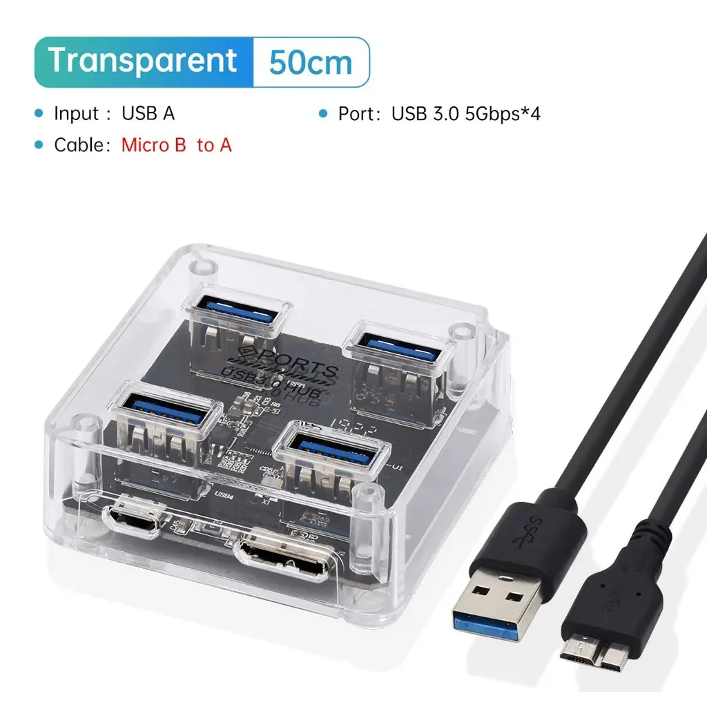 Concentrador de USB-A transparente Hub USB C 3 0, divisor de transmisión de datos USB, carga para teléfono móvil, PC, portátil, Macbook, ordenador y tabletas - imagen 4