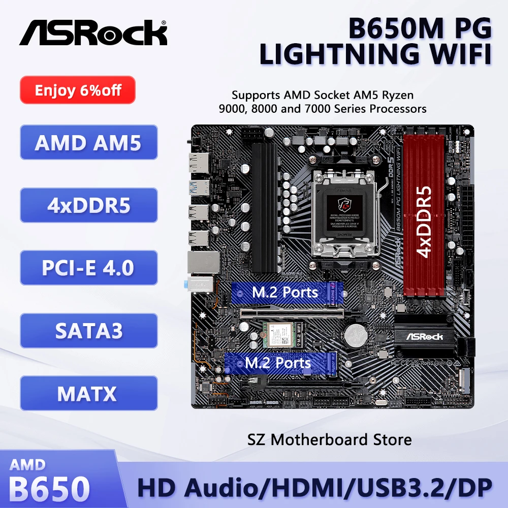 Placa Base ASUS B650M PG LIGHTNING WIFI para CPU AM5 (Ryzen 5 7600/7600X, Ryzen 7 7800X3D), 4×DDR5, 2×M.2 NVMe PCIe 4.0, formato Micro-ATX, ideal para gaming y oficina - 6% de descuento
