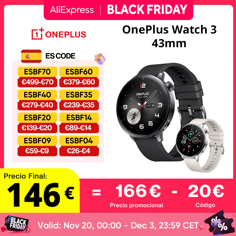 Versión global OnePlus Watch 3 Smartwatch de 43 mm Pantalla AMOLED de 1,32 pulgadas Hasta 60 horas de duración de la batería Wear OS by Google GPS NFC