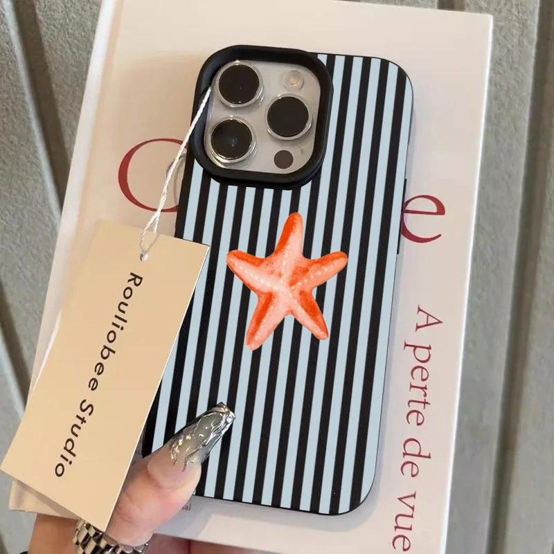 Funda de teléfono para iPhone 16 15 14 13 12 11 Pro Max X XR XS Max 15 Plus 16E verano lindo patrón de rayas de estrella de mar funda trasera suave