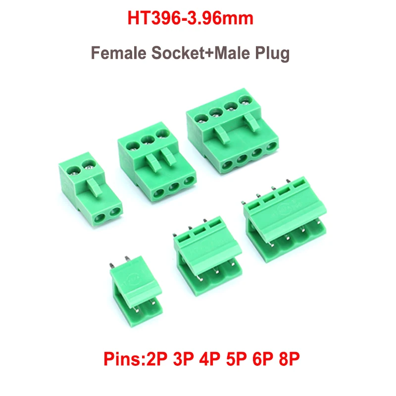 10Set HT3.96 3,96mm Pitch Straigth Neddle hembra + enchufe macho PCB conector Bloque de terminales de tornillo 2 3 4 5 6 8pin conector