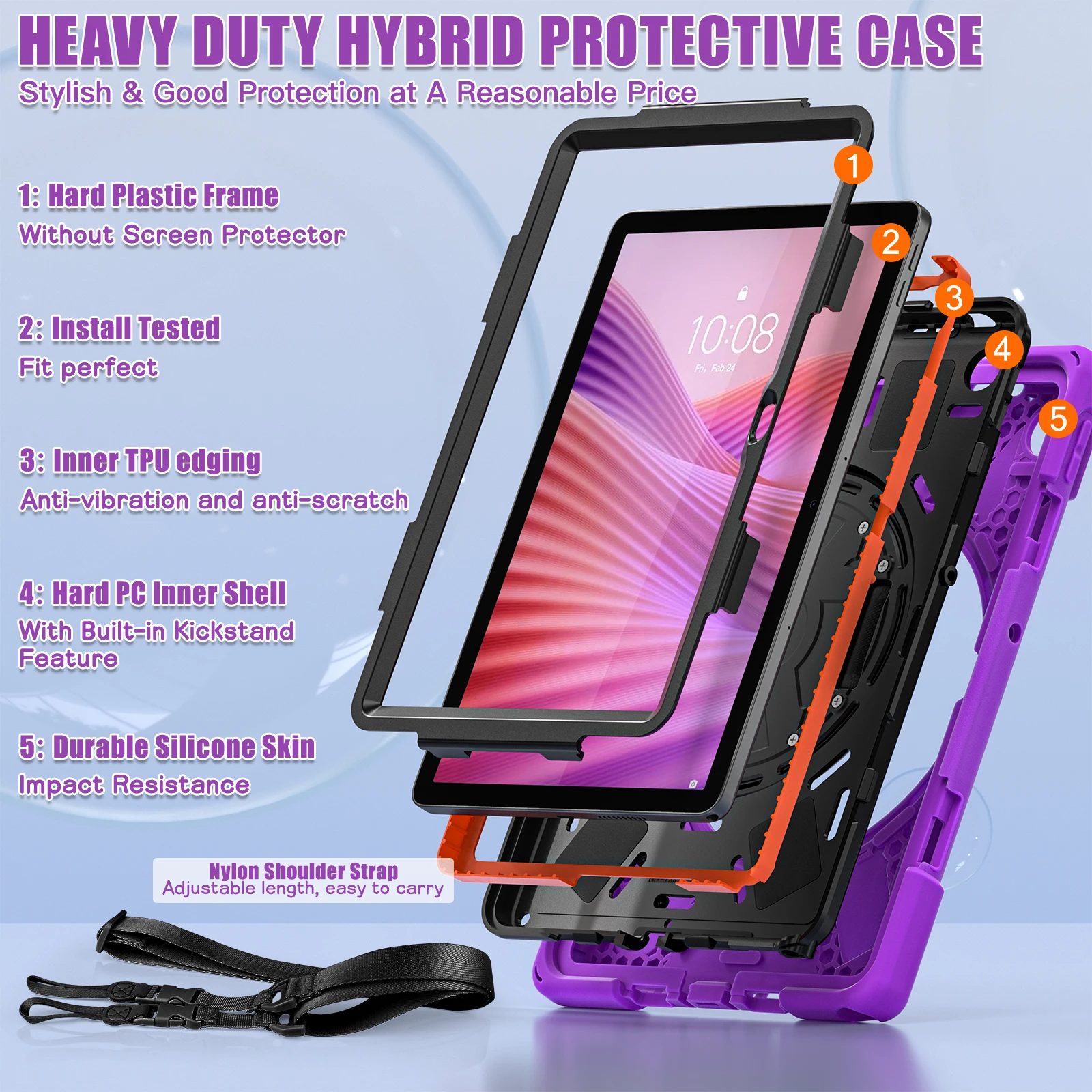 Funda resistente para Lenovo Tab 10,1 pulgadas 2025 K10C TB-311XU TB-311FU soporte giratorio 360 cubierta resistente con correa de mano y hombro - imagen 3