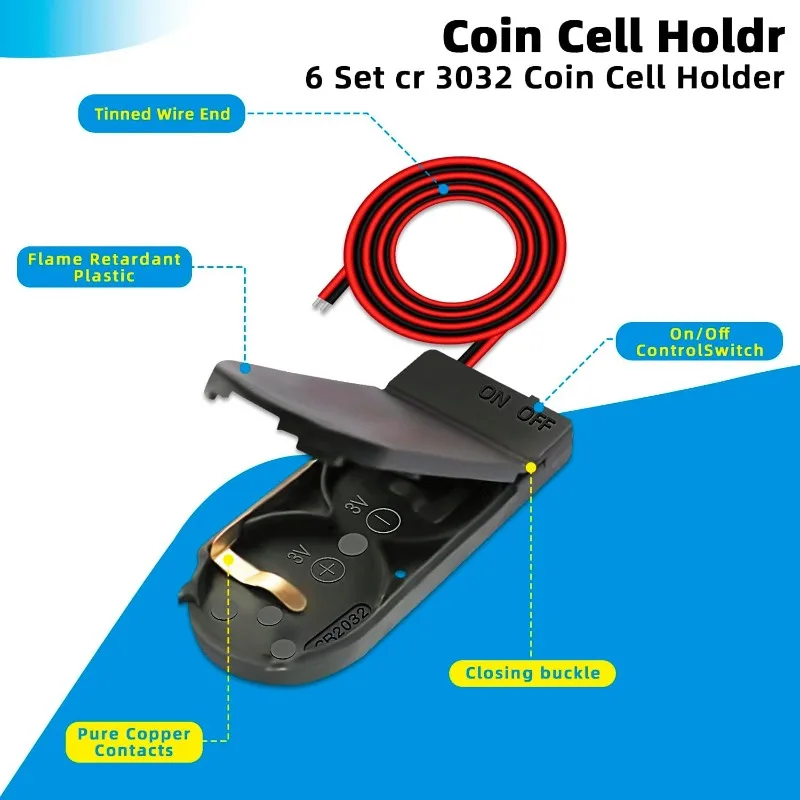20 piezas ranura única CR2032 CR 2032 botón pila de moneda funda, soporte con interruptor de encendido y apagado cables cable caja de batería de 3V - imagen 2