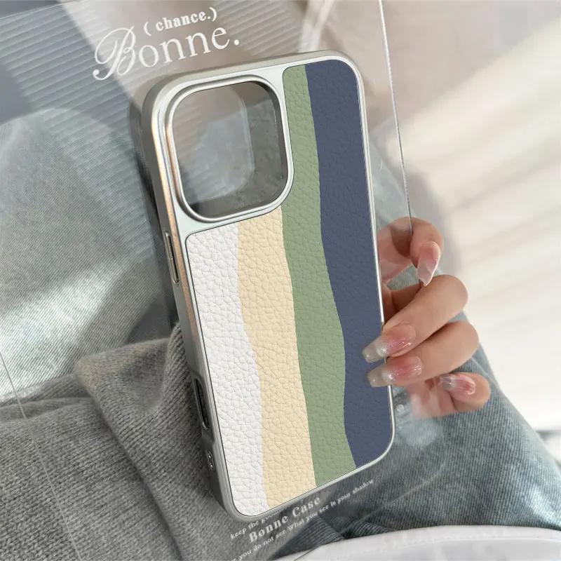 Funda de teléfono anticaída de TPU con textura de cuero con patrones de ondas multicolores para iPhone XR/11/12/13/14/15/16/17 Pro Max