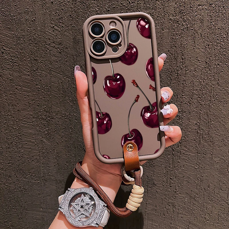 Bonita funda de teléfono con correa y cordón con estampado de cereza para iPhone 11 12 13 14 15 16 17 Pro Max 16E XS X XR 7 8 Plus, funda suave de silicona - imagen 4