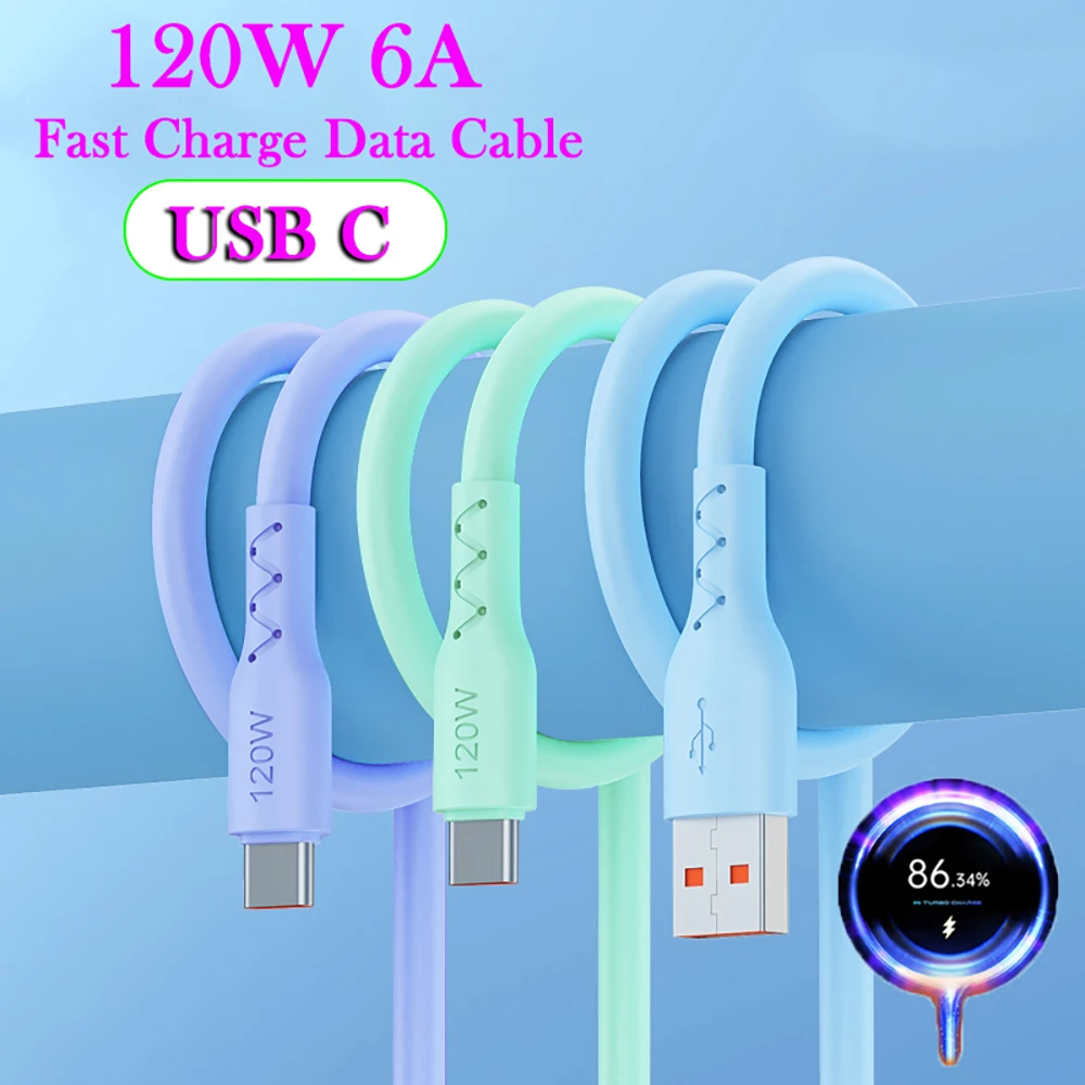 Cable de carga súper rápido USB tipo C de 120W 6A, silicona suave para Samsung, Xiaomi, Redmi, Huawei, cargador de teléfono Android, Cable de datos Usb C