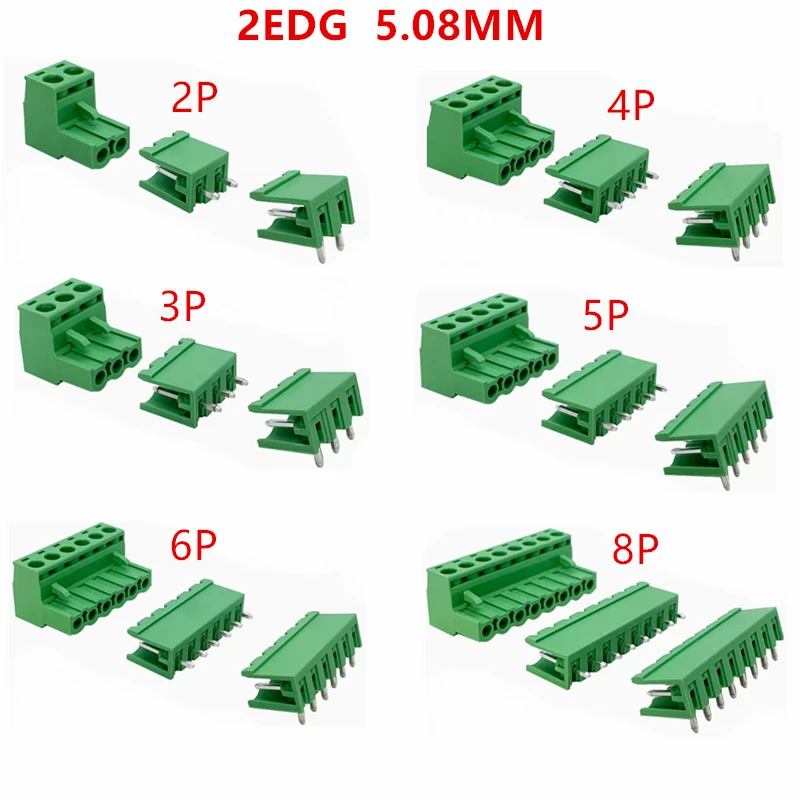 Juego de 10 bloques de terminales de tornillo de paso 2EDG 5,08 MM enchufe macho de 2P-10 pines + aguja recta/aguja curva para conector PCB