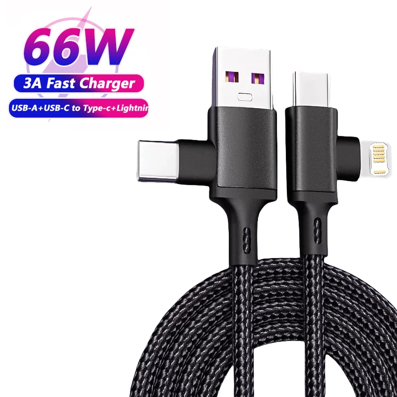 Cable USB A 4 en 1 de 66W PD tipo C a Cable de carga rápida Lightning para iPhone 16 15 14 13 11Pro Max iPad Xiaomi Huawe Samsung