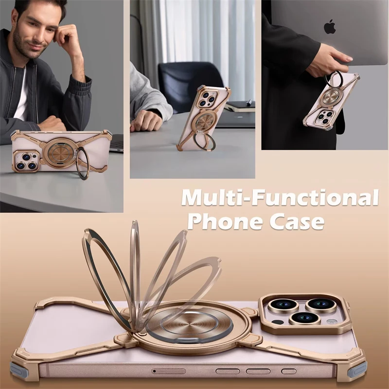 Caja magnética sin marco del teléfono Magsafe del metal para el iPhone 13 14 15 16 Pro Max 360 °   Cubierta de parachoques de carga inalámbrica con soporte giratorio - imagen 5