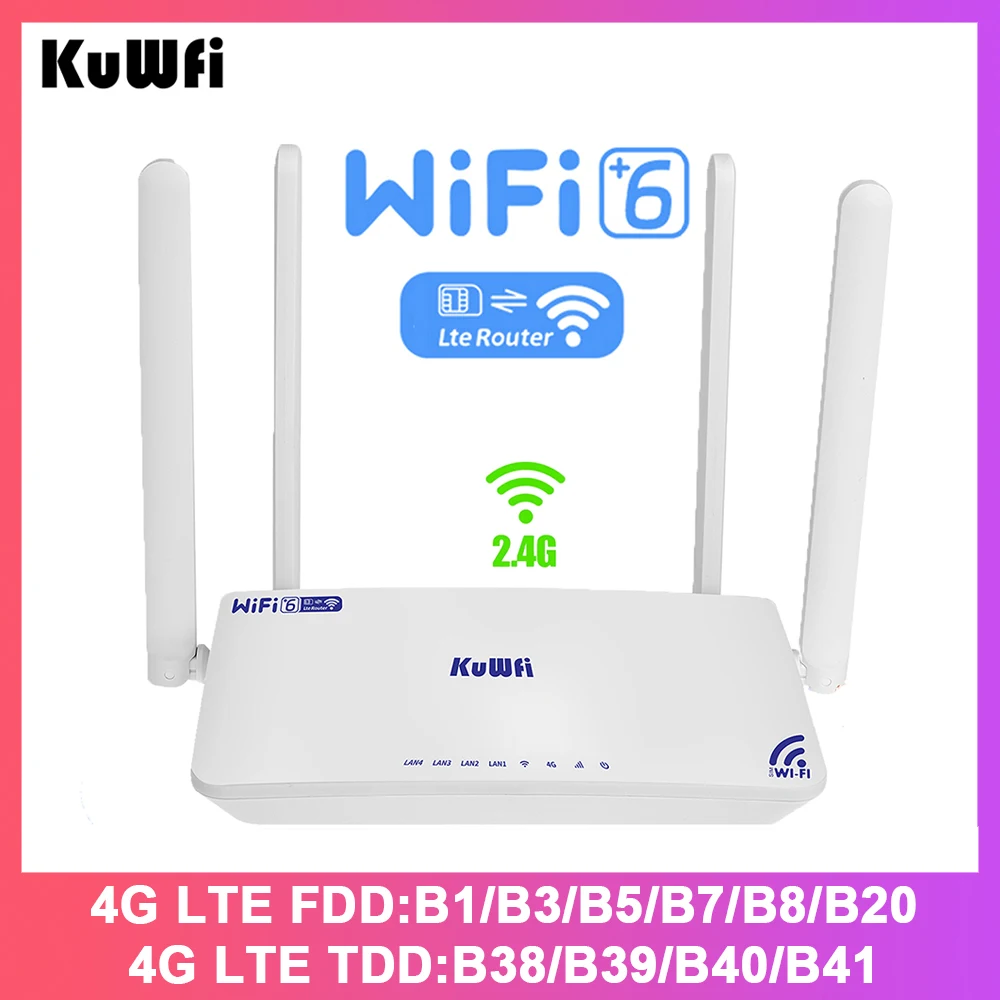 Enrutador KuWFi CAT4 4G LTE 300Mbps 2,4G enrutador inalámbrico Wi-Fi6 4x puerto Ethernet con antena externa ranura USIM hasta 32 usuarios VPN