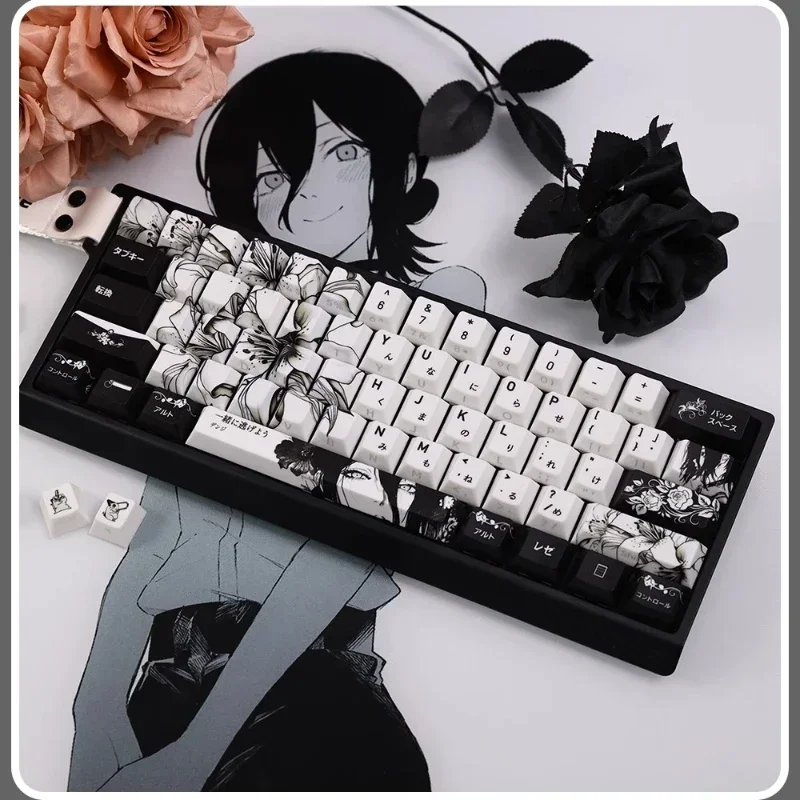 REZE-teclas con tema de Anime, color blanco y negro, perfil de cereza, sublimación de tinte PBT personalizada para teclado Mad 60he Aula Win60 Wooting60 - imagen 2