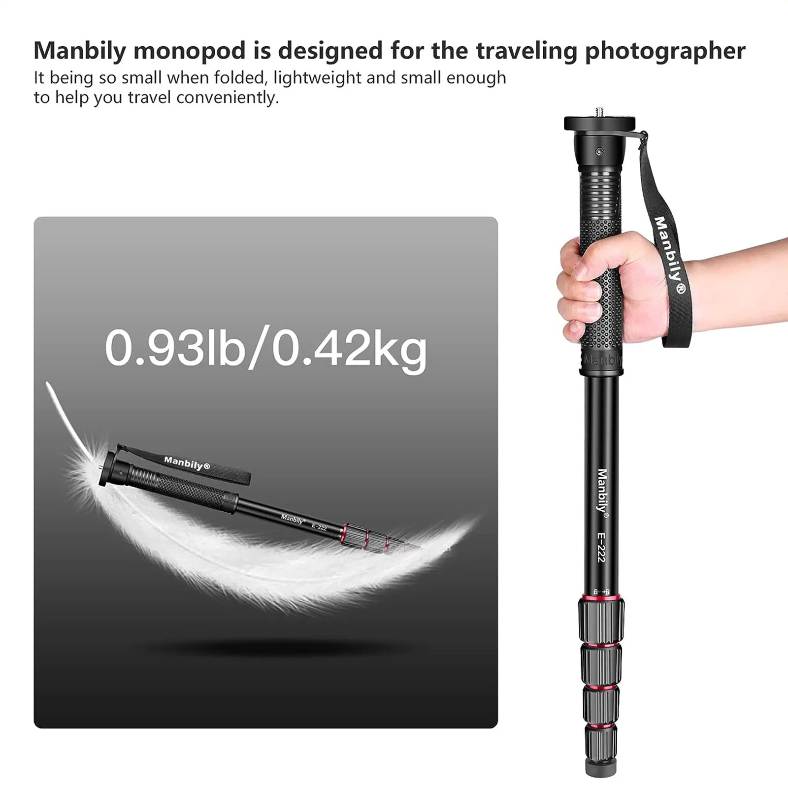 Manbily E-222 Monopié de viaje con cámara de 65 ", monopié de aluminio de 5 secciones para cámaras DSLR, bastón de senderismo ligero portátil - imagen 4