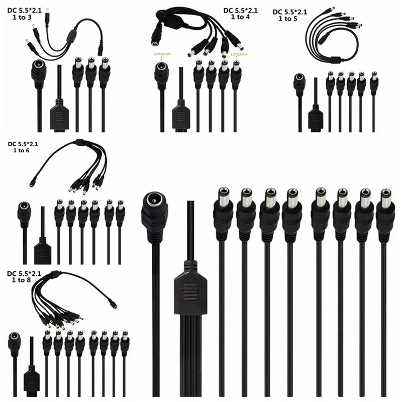 5,5mm x 2,1mm 1 a 2/3/4/5/6/8 vías 5V 12V 24V DC Cable de alimentación divisor macho hembra Cable conector para tira de LED cámara CCTV - imagen 2