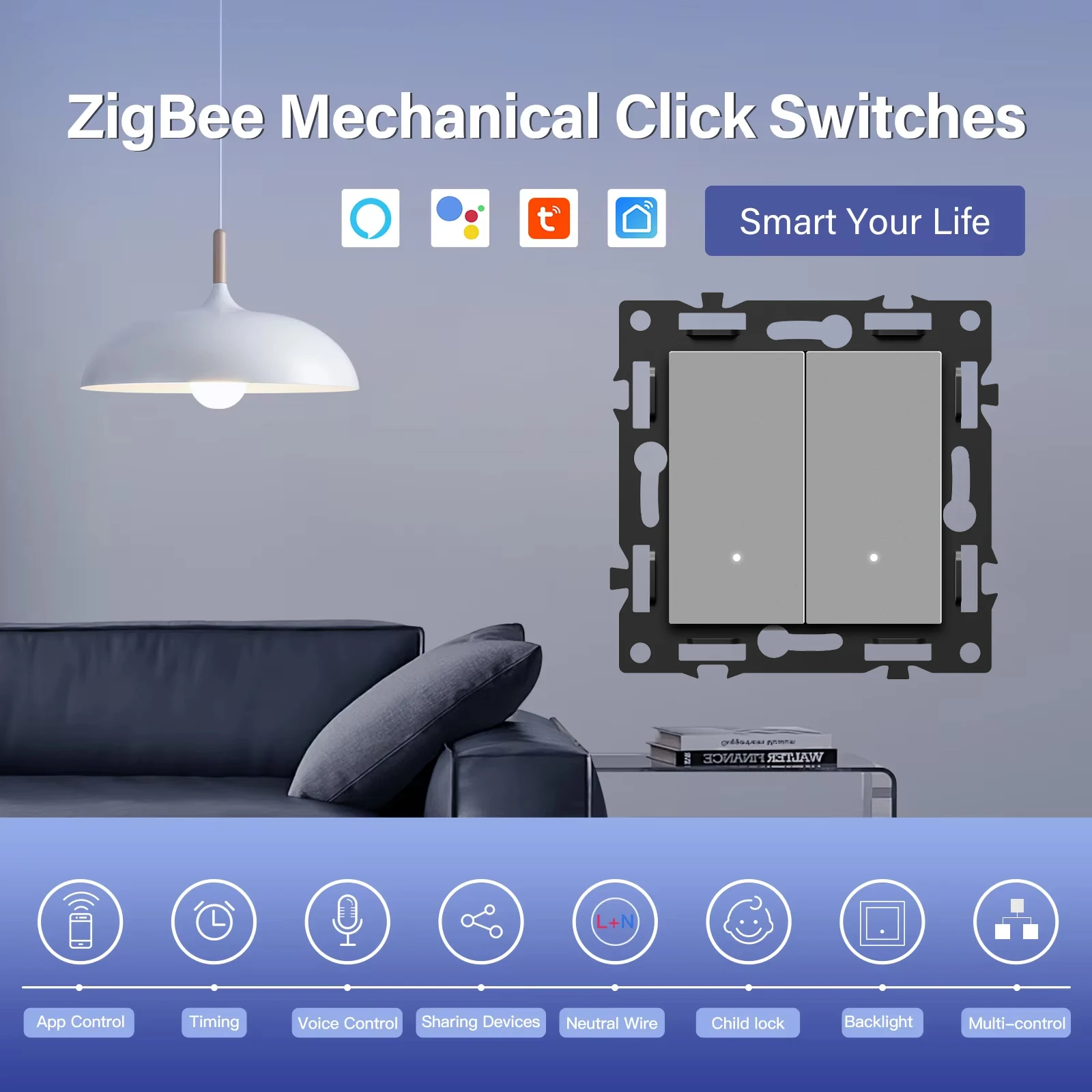 BSEED Zigbee-interruptores de luz inteligentes, interruptores de botón atenuador de pared, enchufes USB tipo c UE/FR, módulos DIY, solo marcos de plástico - imagen 4