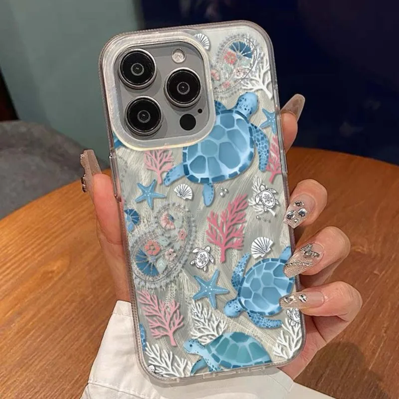 Funda para iPhone 16 15 Pro Max 16E 14 13 12 11 XS XR verano tortuga marina estrella de mar patrón funda para iPhone 7 8 Plus SE2 funda de teléfono