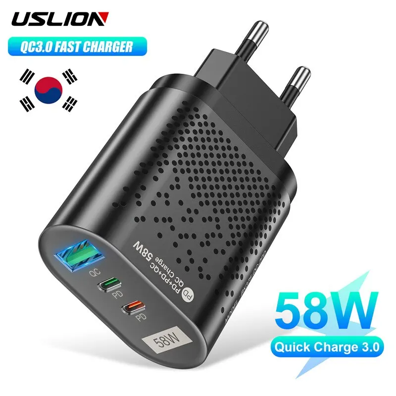 USLION-cargador USB tipo C de 58W, cargador de carga rápida de viaje para tableta, portátil, PD, adaptador de teléfono de pared 3,0 para iPhone 15 y Xiaomi