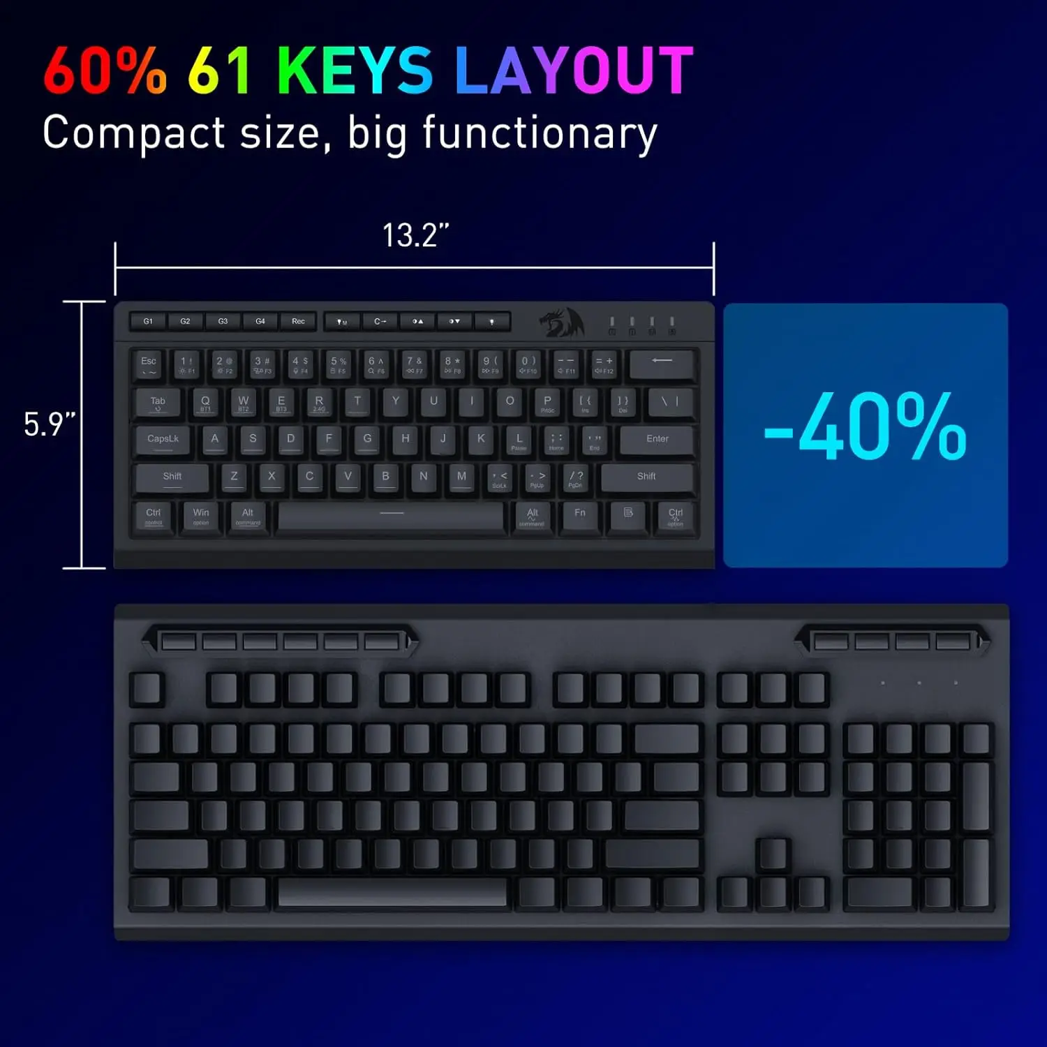 Redragon K522 PRO 60% teclado inalámbrico para juegos de membrana RGB, teclado con interruptor de sensación mecánica lineal compacto de 3 modos y 61 teclas - imagen 3