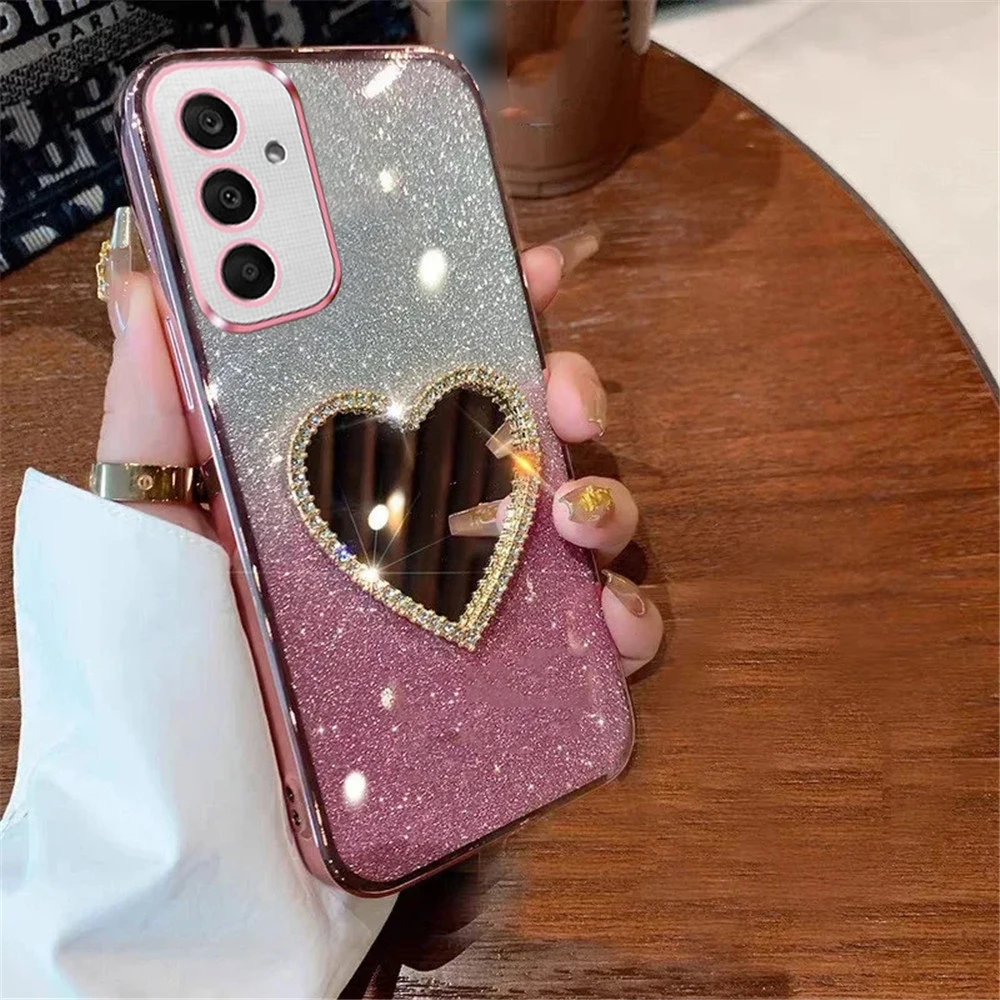Funda de teléfono con espejo de corazón de amor 3D para Samsung Galaxy M55 M34 M14 M54 M33 M53 M23 M32 M31 M51 M52 C55 funda de silicona con purpurina suave