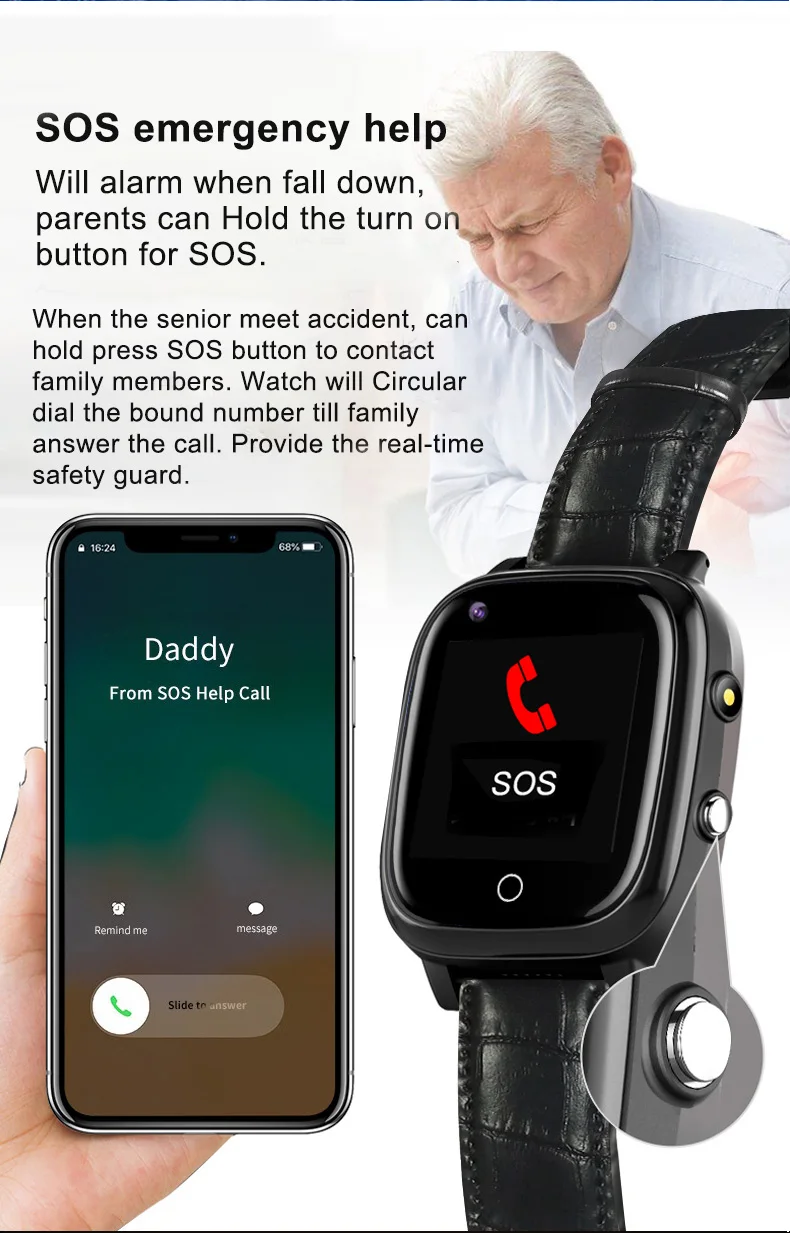 Reloj inteligente para personas mayores, con detección de caídas, posicionamiento GPS, tarjeta SIM 4G, llamada SOS, control del ritmo cardíaco, resistente al agua, cámara HD T5S. - imagen 3