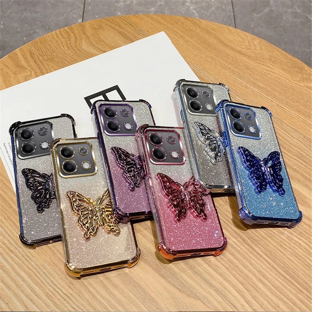 Funda de teléfono con soporte de mariposa a prueba de golpes para Xiaomi Redmi Note 14 Pro Plus 14C 4G 5G 14T POCO X7 Pro cubierta de silicona con brillo degradado - imagen 4