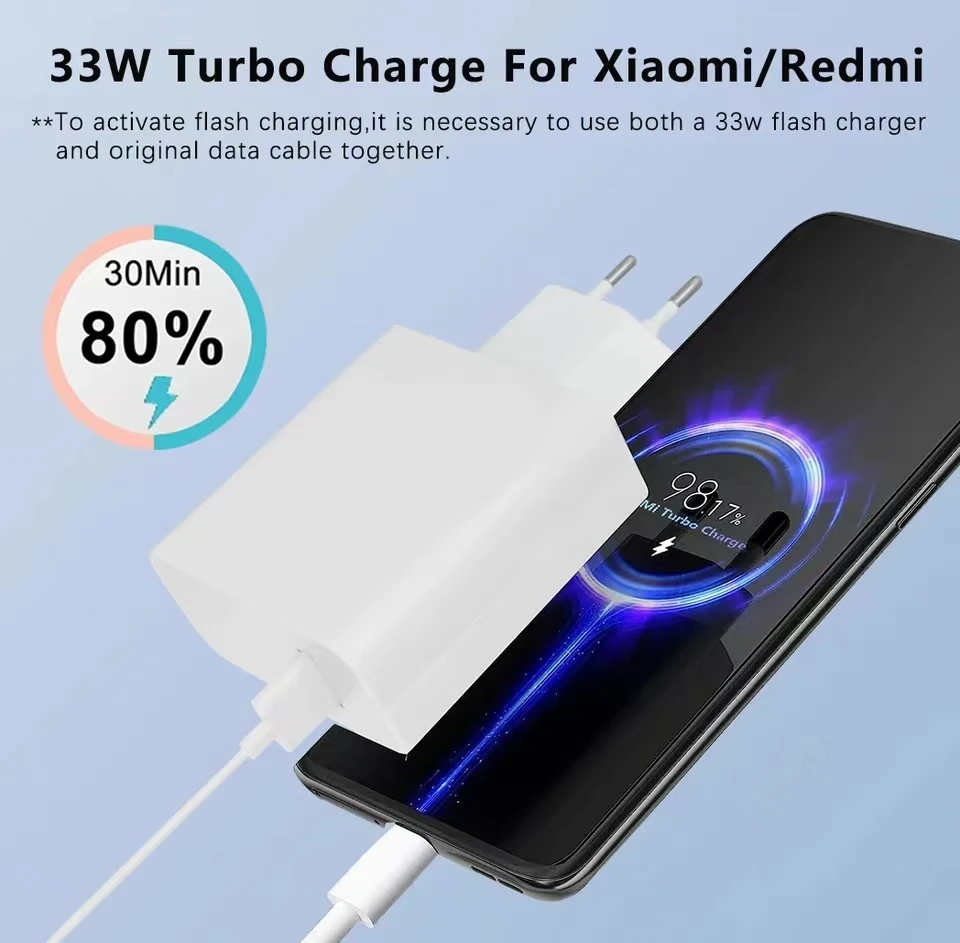 Cargador Original Xiaomi de 33W, adaptador de pared de carga Turbo rápida UE/EE. UU. para Mi 10 11 Redmi K50 K40 Pro Note11 Pro Max + Cable tipo C 6A - imagen 3
