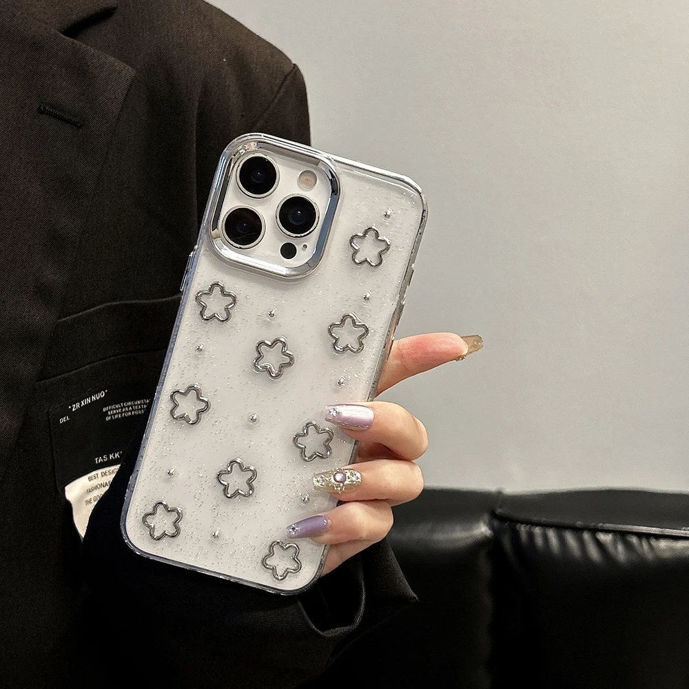 Funda de teléfono de lujo con forma de corazón y purpurina, flor plateada, para iPhone 16, 15, 14, 13, 12 Pro Max Plus 11, bonita funda trasera transparente Floral - imagen 4