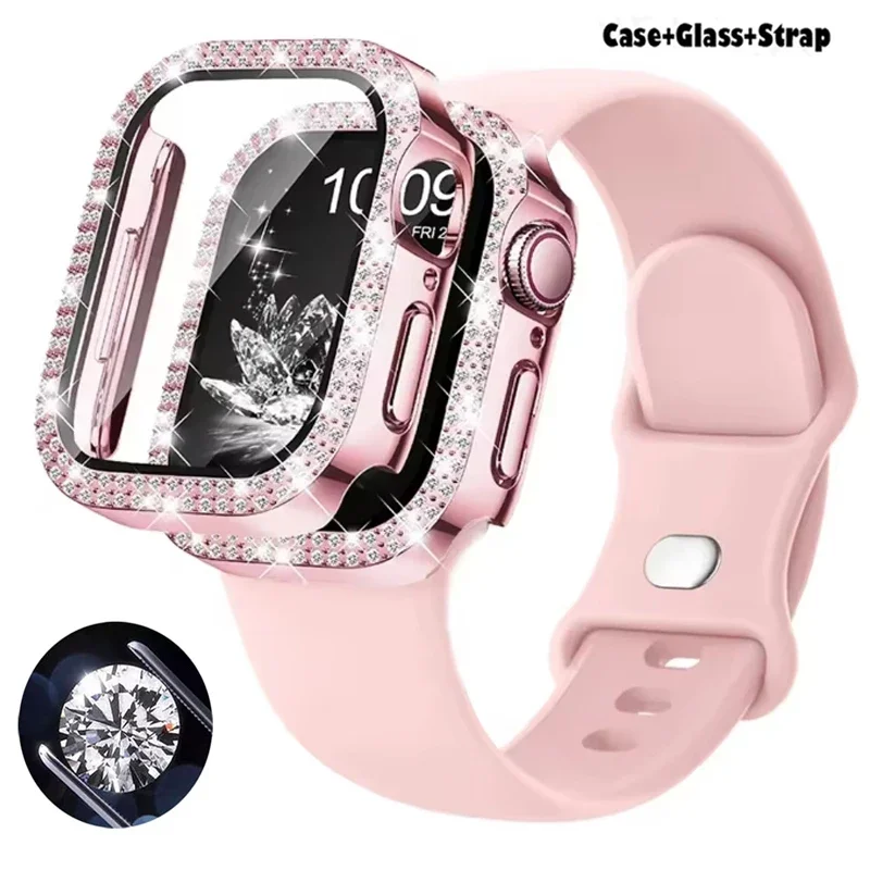 Bling Glass + cubierta + correa para correas de reloj Apple 45mm 41mm 44mm 40mm pulsera parachoques de diamante + Protector de pantalla serie 9 8 7 6 5 4 SE - imagen 2