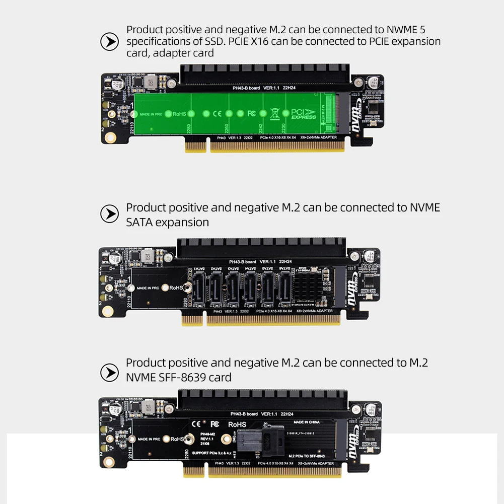 Adaptador PCIe X16 a X8 + X4 + X4 M.2 PCIE, puertos de entrada M.2 NVMEx2, tarjeta de expansión compatible con SSD 2280/2260/2242/2230 - imagen 4