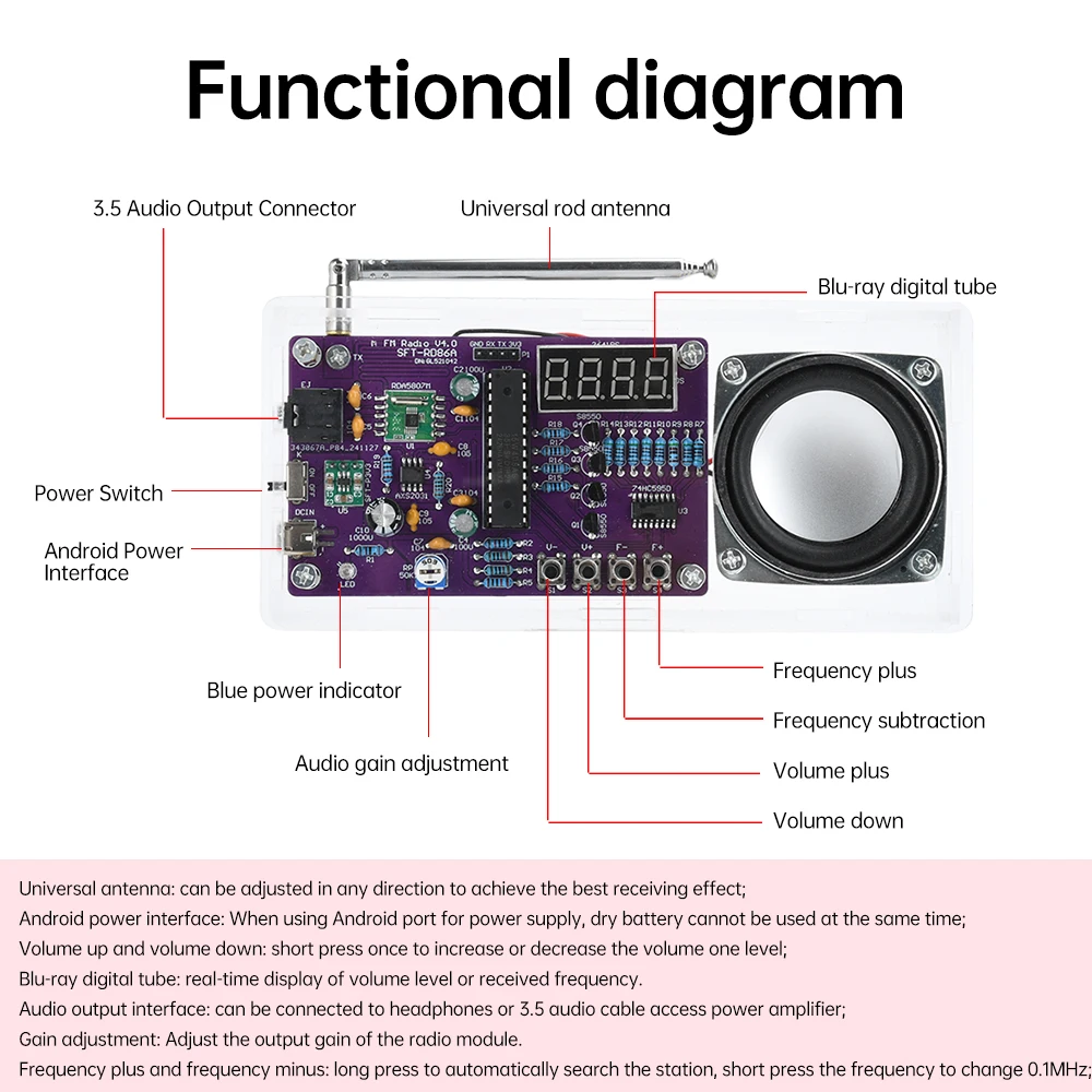Kit electrónico de Radio FM DIY, frecuencia ajustable 87-108MHz, proyecto de soldadura DIY, Kit electrónico de práctica, montaje de soldadura - imagen 5