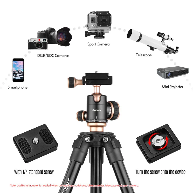 Andoer-trípode para cámara Q160SA con cabezal de bola panorámico, portátil, de viaje, para cámaras DSLR, videocámara, proyector, trípode completo - imagen 4