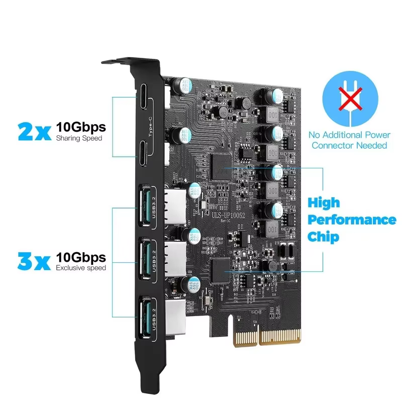 Tarjeta PCIe USB 3.2 Gen 2 – 20Gbps 5 Puertos (3x USB-A + 2x USB-C)