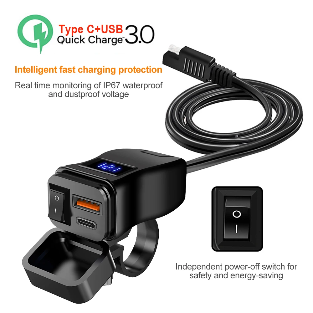 Cargador rápido USB para motocicleta PD + QC3.0, adaptador de fuente de alimentación de 12V, interruptor de voltímetro, doble enchufe USB, manillar de 60W, resistente al agua - imagen 3