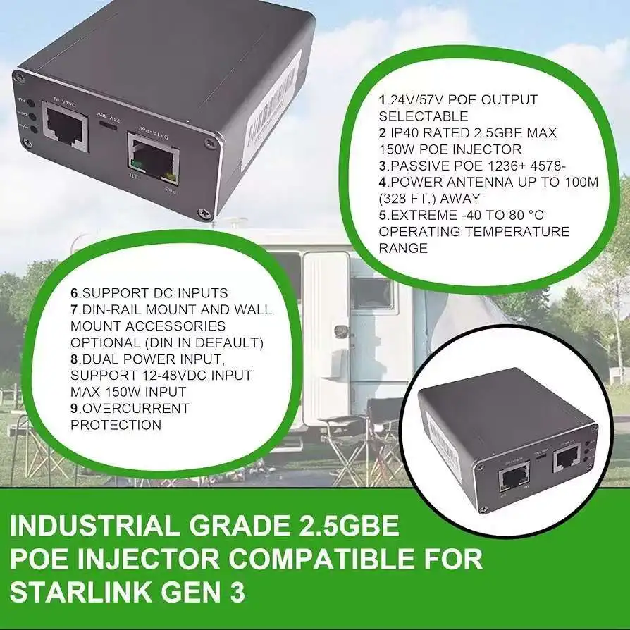 Para inyector PoE Starlink V2/V3 2,5G |   Máx200W | 48-57Vdc entrada+57V PoE out | carcasa de aleación |   Carril DIN y montaje en pared son opcionales. - imagen 4