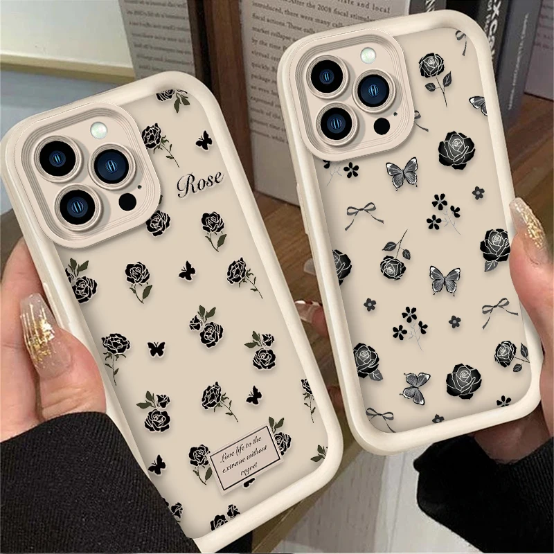 Funda de silicona suave con flor de rosa negra para iPhone 16 15 14 13 12 11 Pro Max X XS X S Max XR SE 2020 7 8 Plus contraportada a prueba de golpes - imagen 2