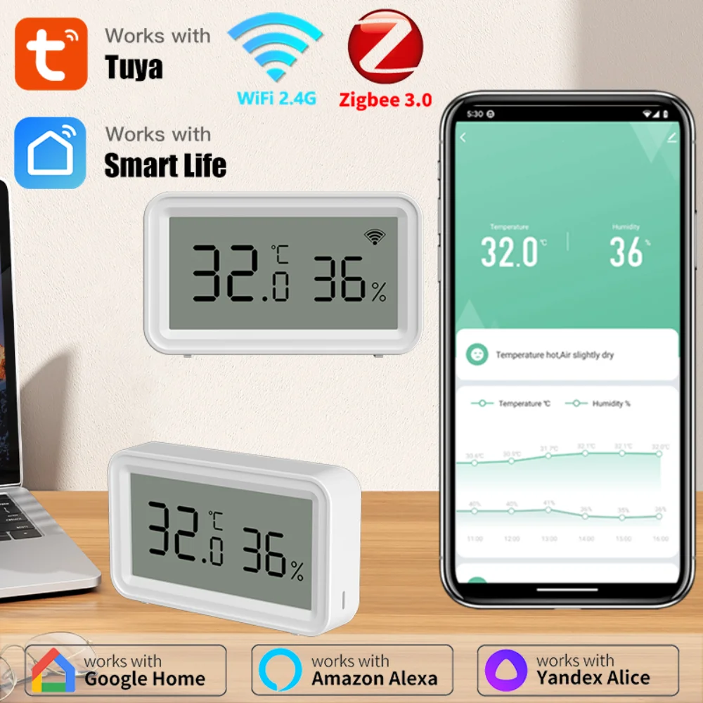 Tuya Wifi inteligente/Zigbee Sensor de temperatura y humedad domótica monitoreo termómetro higrómetro aplicación Control de voz a través de Alexa