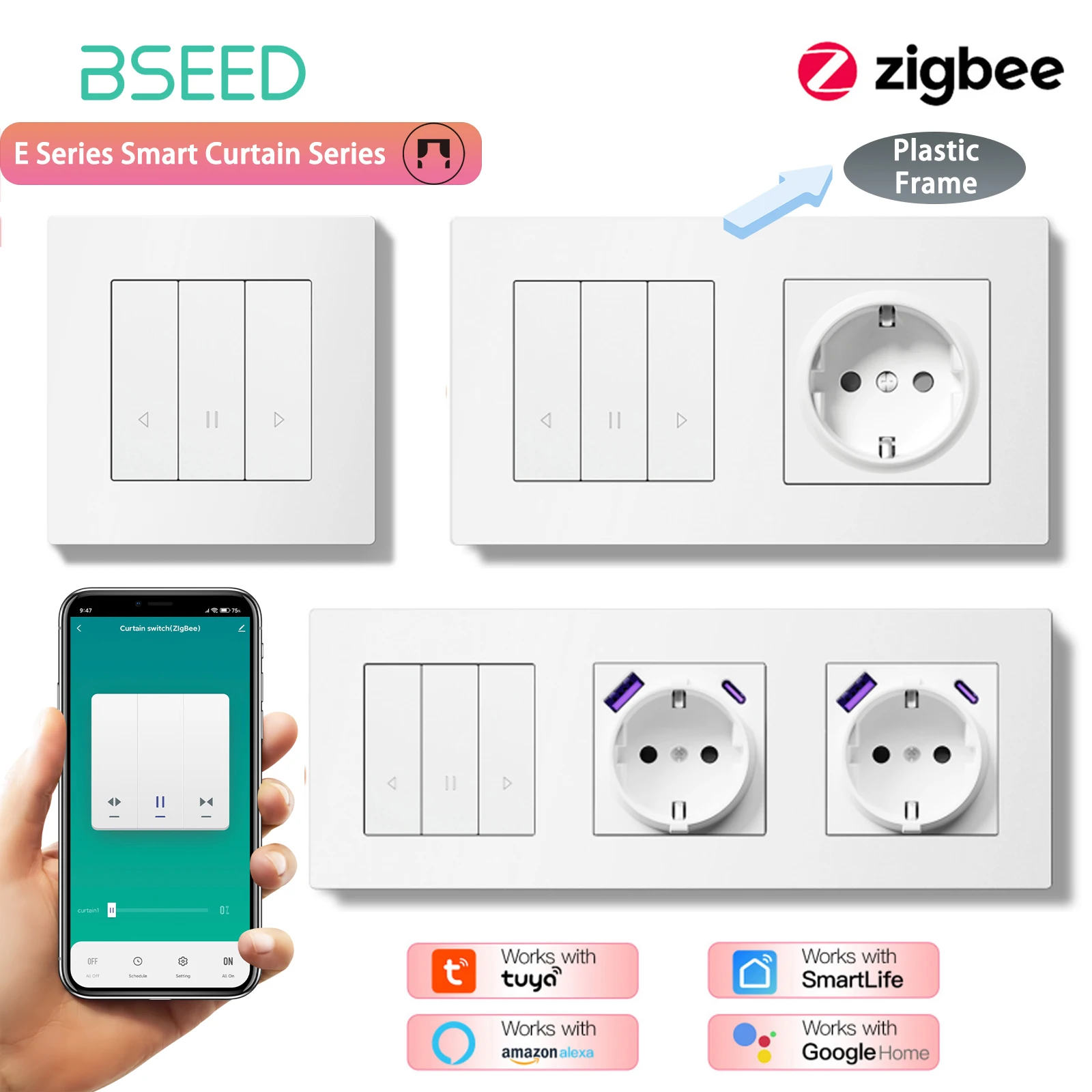 BSEED Zigbee interruptor de cortina interruptor de botón de clic inteligente para cortina marco de plástico Tuya Smart Life Alexa Control de voz