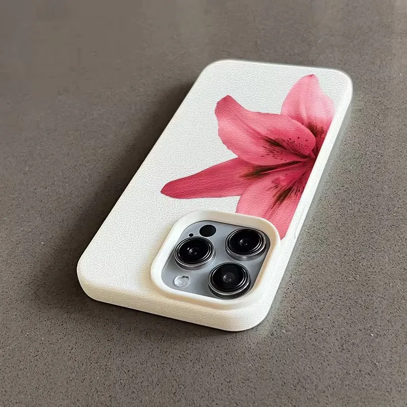Funda de teléfono de piel sintética con patrón de lirio rojo para iPhone 11 12 13 14 15 16 17 Pro Max 16E 15 14 Plus X XR XS Max cubierta de TPU a prueba de golpes - imagen 4