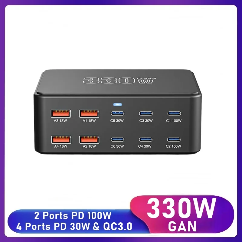 Cargador Universal USB PD100W para ordenador portátil, estación de carga rápida QC3.0 de 10 puertos USB para Iphone, Ipad, Samsung, tableta, Macbook Pro, 330W