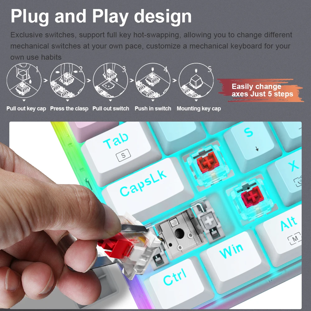 E-YOOSO Z11T USB 60% Mini teclado mecánico para juegos Azul Rojo interruptor 61 teclas cable desmontable, portátil para ordenador de viaje - imagen 5