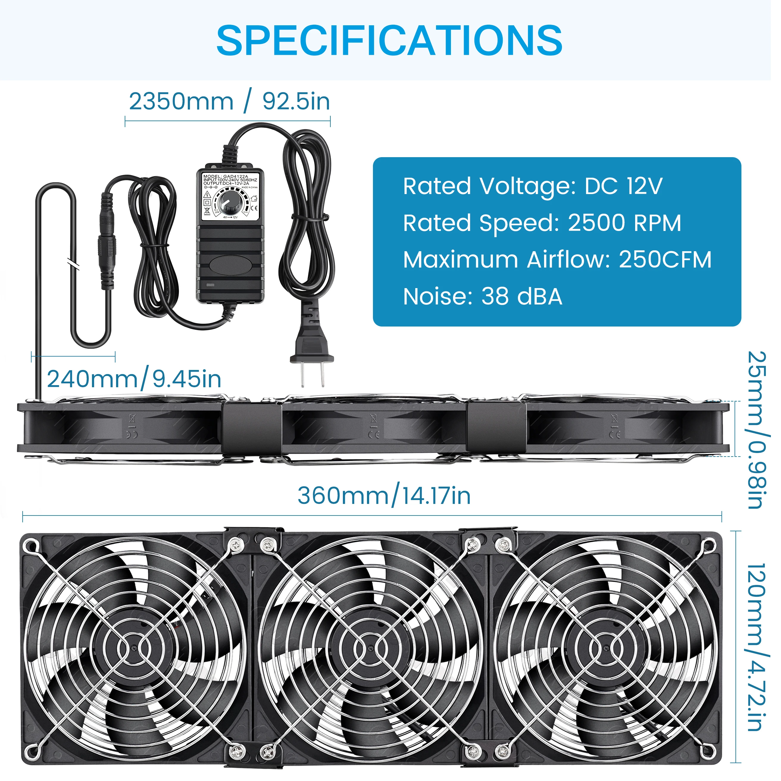 Gdstime-ventilador de 120mm, 12V, 220V, doble bola, 12025, ventilador de servidor con controlador, máquina Btc, estación de trabajo, gabinete, ventilador de radiador - imagen 5