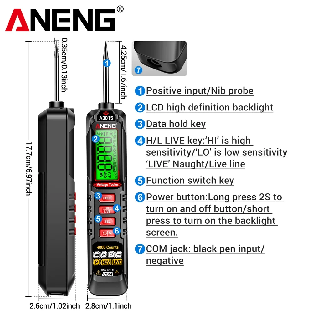 ANENG A3015 pluma multímetro 4000 recuentos Digital inteligente voltaje CA/CC NCV voltaje inducción fusible sonda de diagnóstico Detector herramientas pluma - imagen 5