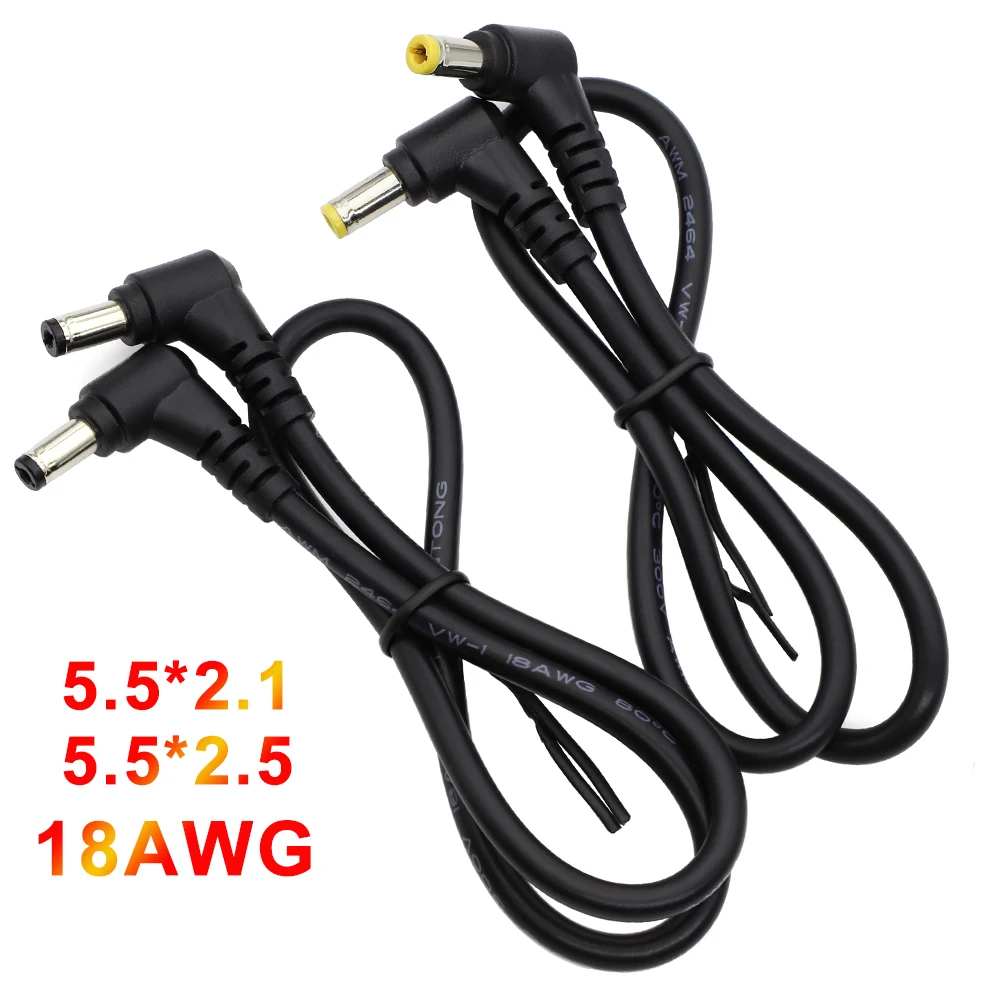 Enchufe de alimentación CC 18AWG 5,5x2,5mm/5,5*2,1mm macho a macho 90 conector de Cable tipo ángel derecho 12V 10A cables de extensión de alimentación 49cm