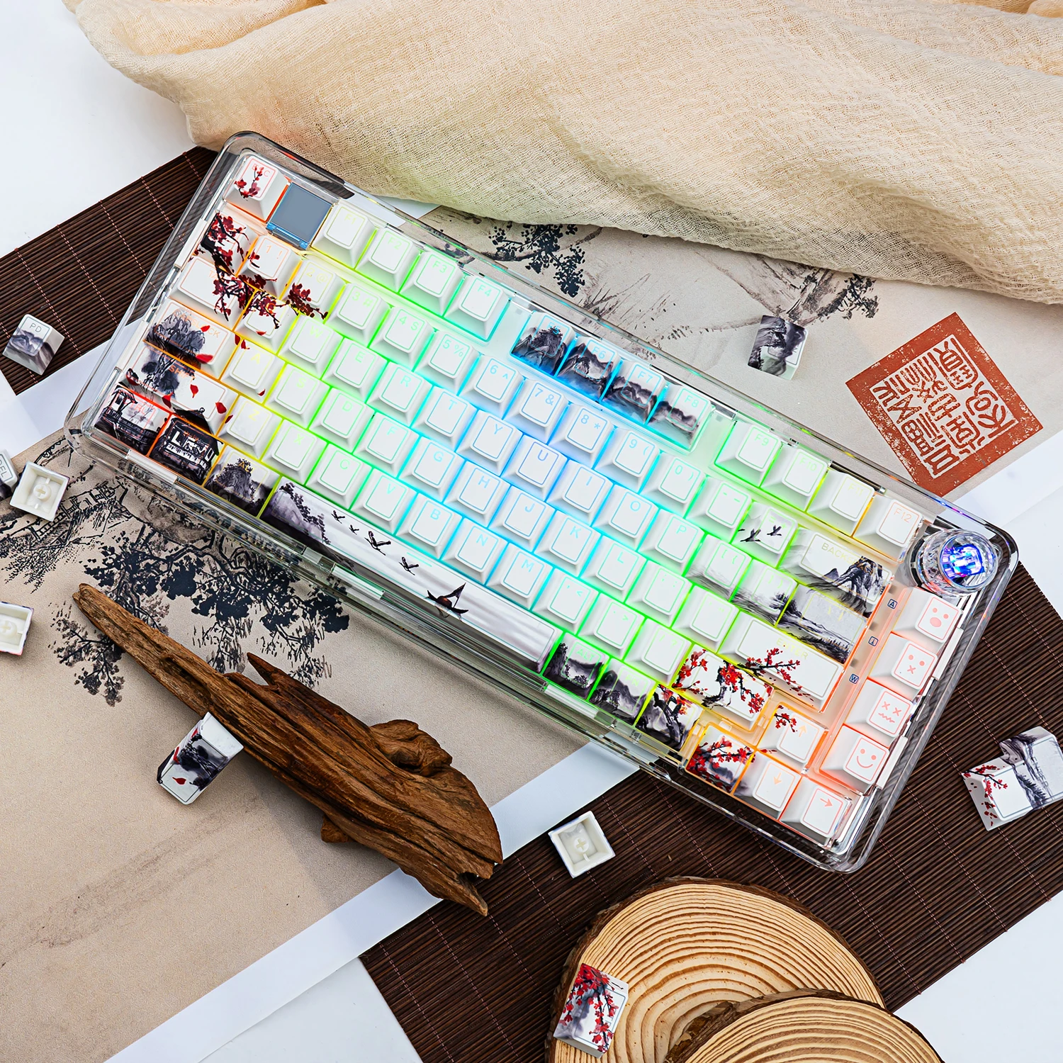 Teclas PBT de sublimación de tinte de cinco lados con flor de ciruelo de tinta, 142 teclas, teclas personalizadas con brillo para interruptores MX, teclado mecánico - imagen 3