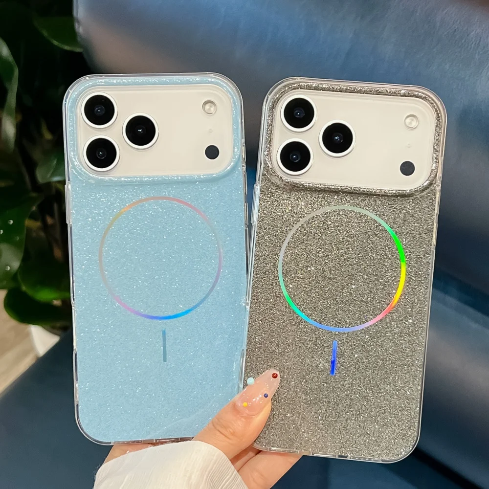 Funda de teléfono Magsafe con purpurina láser de lujo para iPhone 17 Air 16 15 14 Plus 13 Pro Max, cubierta de cristal brillante a prueba de golpes - imagen 4