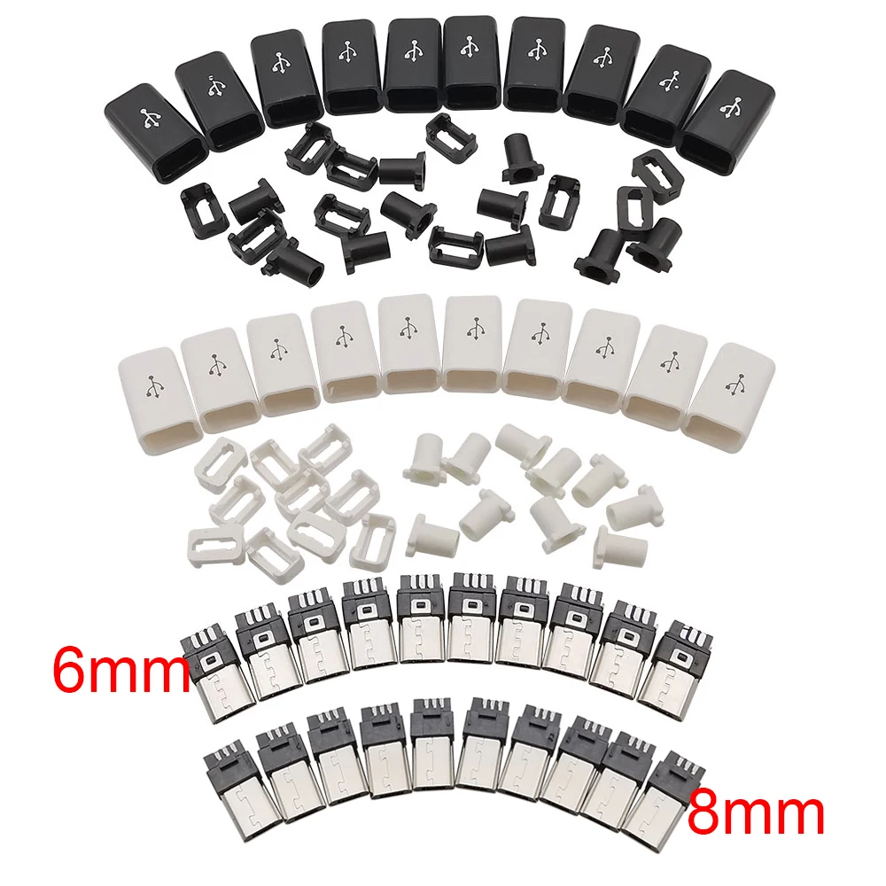 10 Uds 6mm 8mm Micro USB tipo soldadura enchufe macho conectores de 5 pines 4 en 1 enchufes DIY toma de carga trasera USB negro blanco