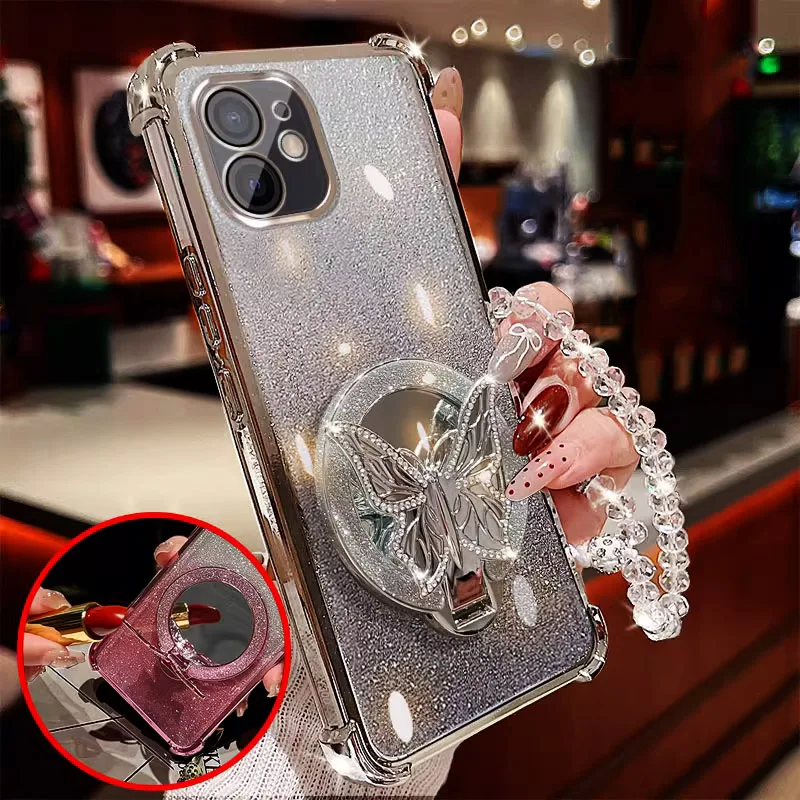 Funda de teléfono con purpurina y pulsera plegable con mariposa y espejo para iPhone 17 Air 16 15 14 13 12 11 Pro Max 16 Plus 16E, funda a prueba de golpes - imagen 5