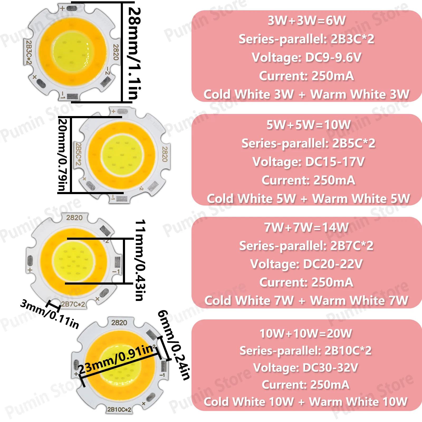 10 Uds Chip LED 24v Cob luz cálida de dos tonos + blanco 9v 20v 30v 3W 5W 7W 10W accesorios de luz de Chip redondo fuente de luz nocturna - imagen 4