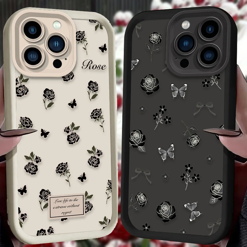 Funda de silicona suave con flor de rosa negra para iPhone 16 15 14 13 12 11 Pro Max X XS X S Max XR SE 2020 7 8 Plus contraportada a prueba de golpes